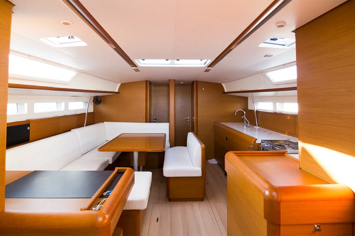 Salon of Te Fiti, a Jeanneau Sun Odyssey 519 sailboat at es Jonquet, Spain