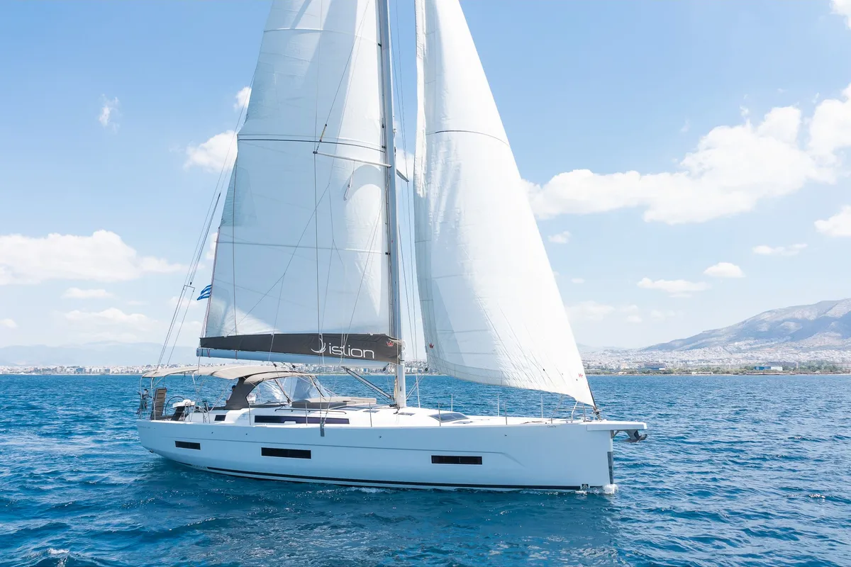 Exterior view of Dimpa, a Dufour 530 sailboat at Athens, Greece