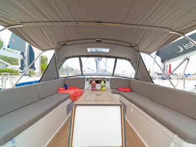 Cockpit of Dimpa, a Dufour 530 sailboat at Athens, Greece