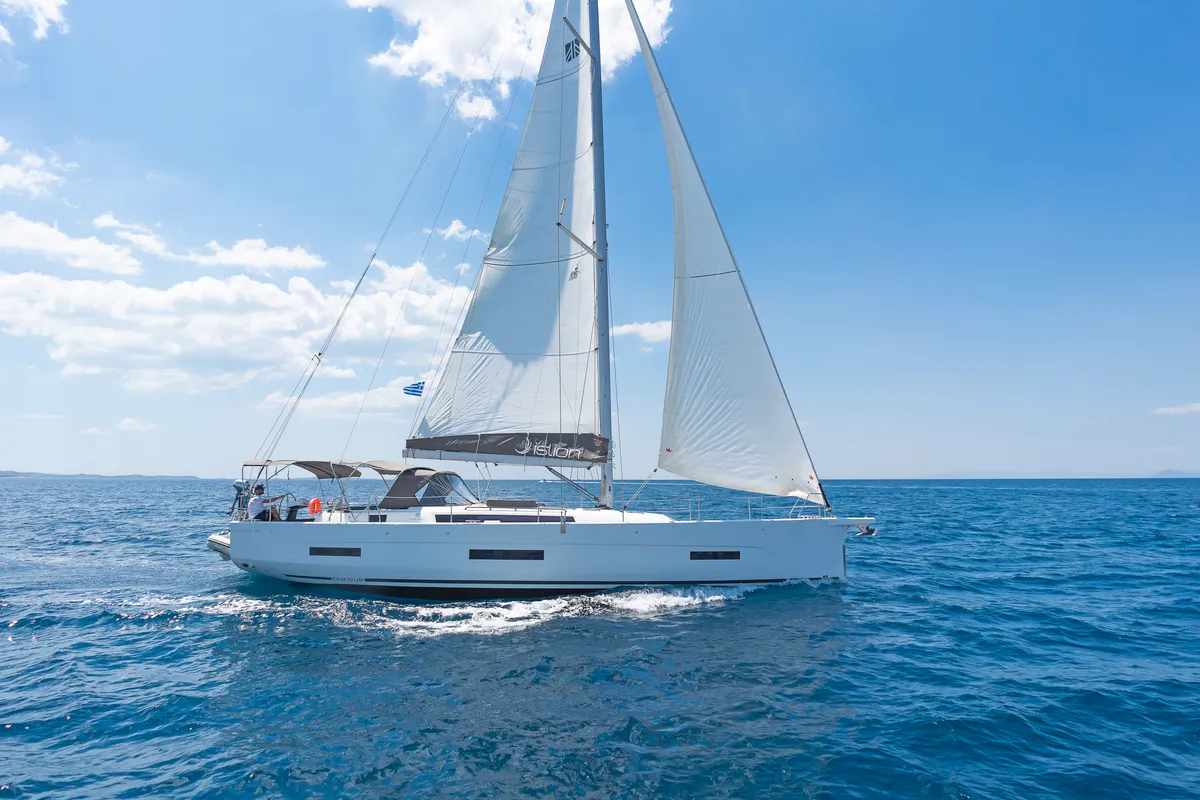 Exterior view of Dimpa, a Dufour 530 sailboat at Athens, Greece