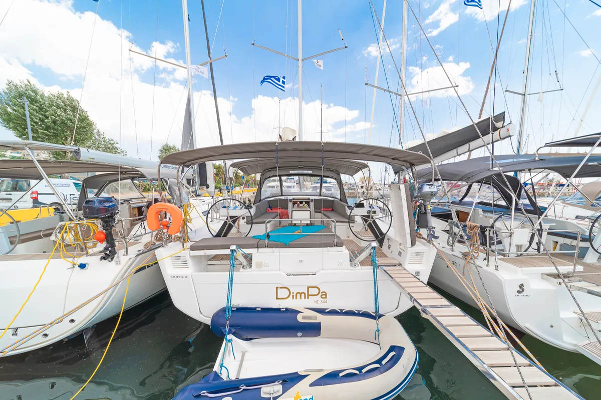Exterior view of Dimpa, a Dufour 530 sailboat at Athens, Greece