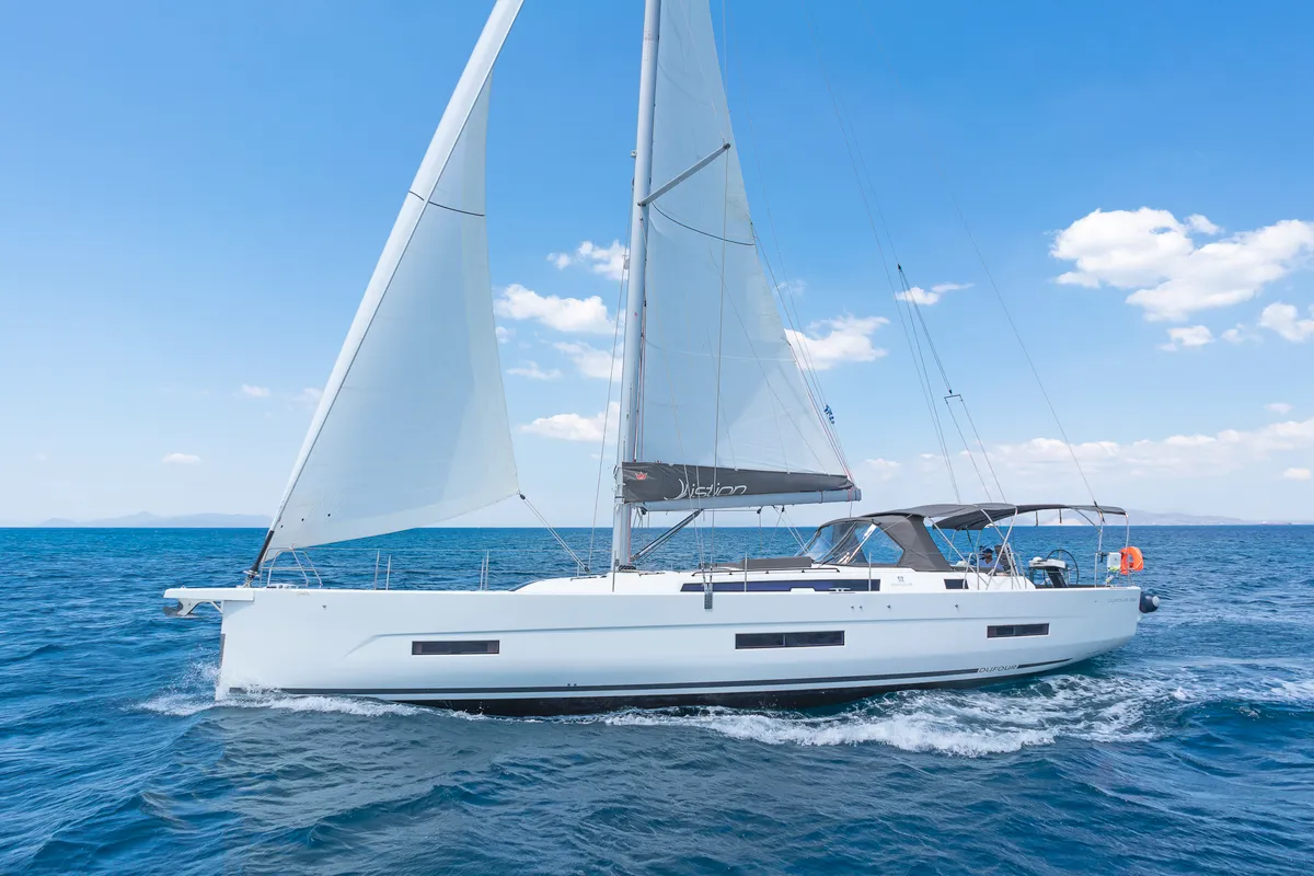 Exterior view of Dimpa, a Dufour 530 sailboat at Athens, Greece
