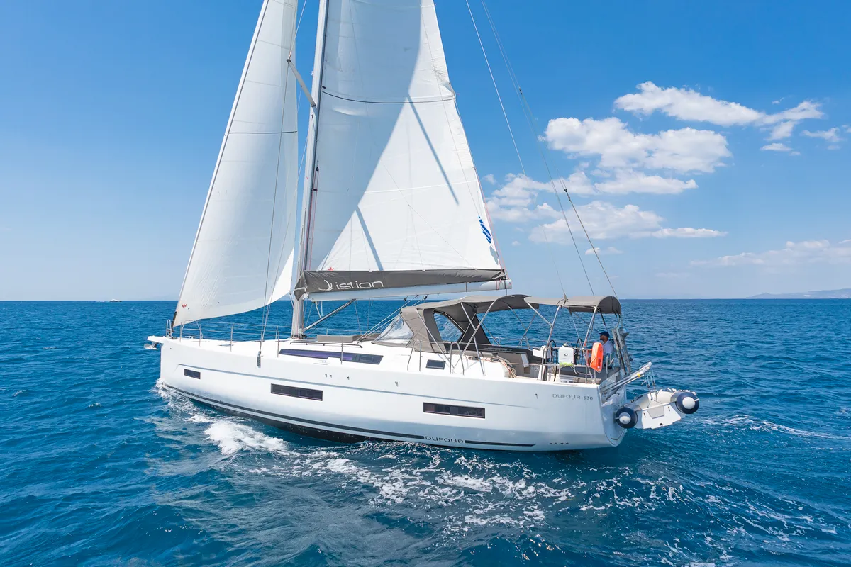 Exterior view of Dimpa, a Dufour 530 sailboat at Athens, Greece