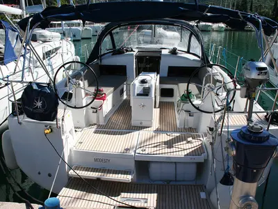Cockpit of Modesty, a Jeanneau Sun Odyssey 440 sailboat at Dubrovnik, Croatia