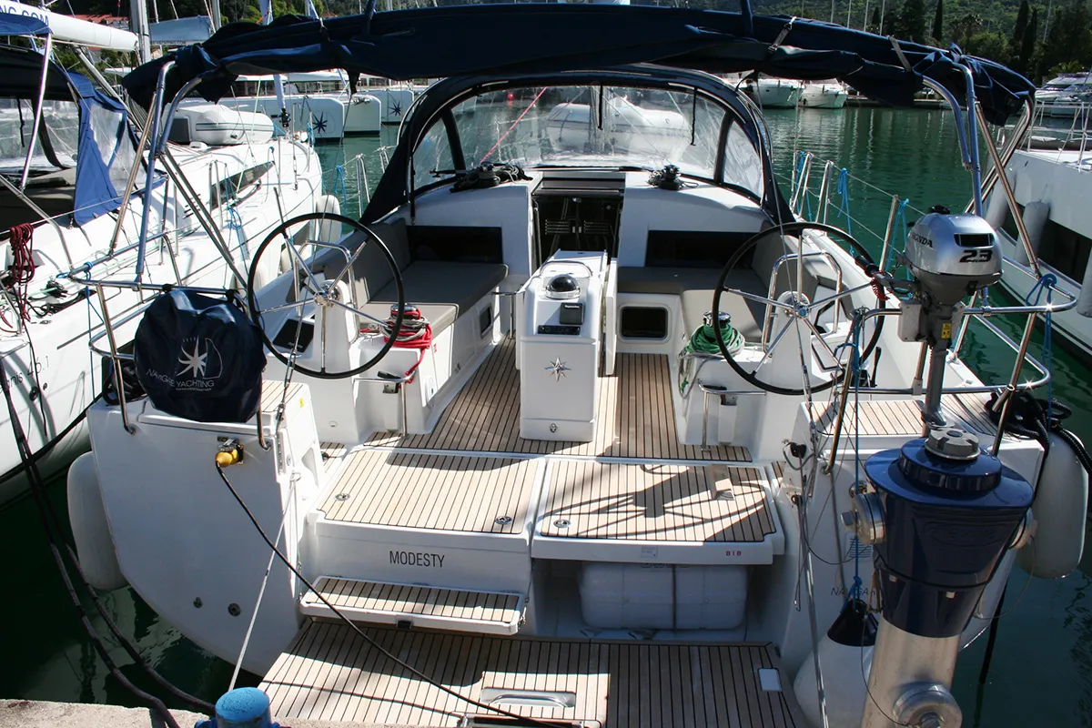 Cockpit of Modesty, a Jeanneau Sun Odyssey 440 sailboat at Dubrovnik, Croatia