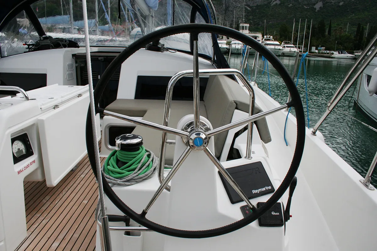 Cockpit of Modesty, a Jeanneau Sun Odyssey 440 sailboat at Dubrovnik, Croatia