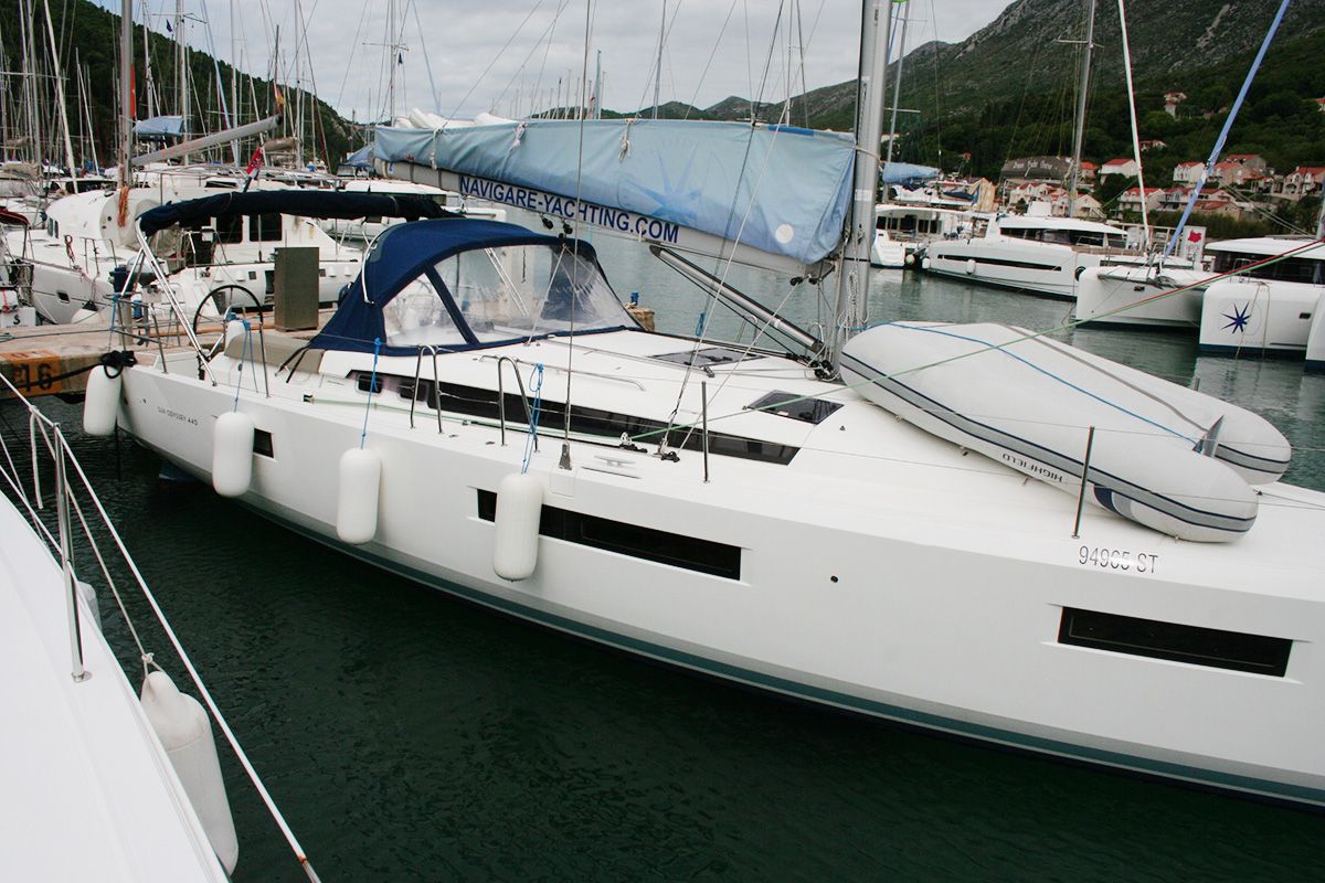 Exterior view of Modesty, a Jeanneau Sun Odyssey 440 sailboat at Dubrovnik, Croatia