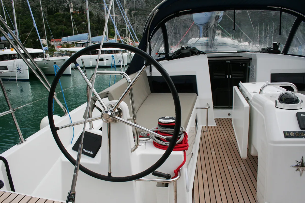 Cockpit of Modesty, a Jeanneau Sun Odyssey 440 sailboat at Dubrovnik, Croatia