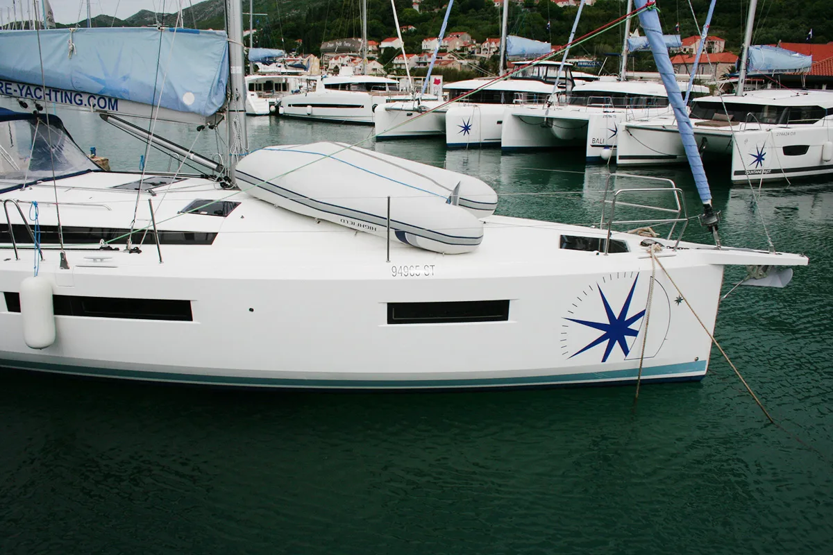 Exterior view of Modesty, a Jeanneau Sun Odyssey 440 sailboat at Dubrovnik, Croatia