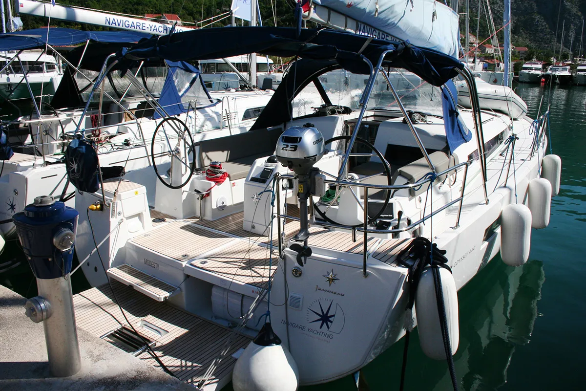 Exterior view of Modesty, a Jeanneau Sun Odyssey 440 sailboat at Dubrovnik, Croatia