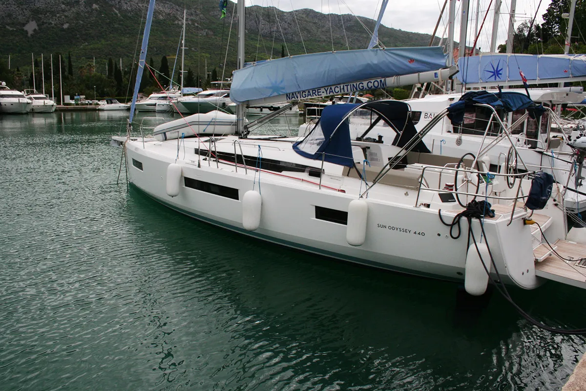 Exterior view of Modesty, a Jeanneau Sun Odyssey 440 sailboat at Dubrovnik, Croatia