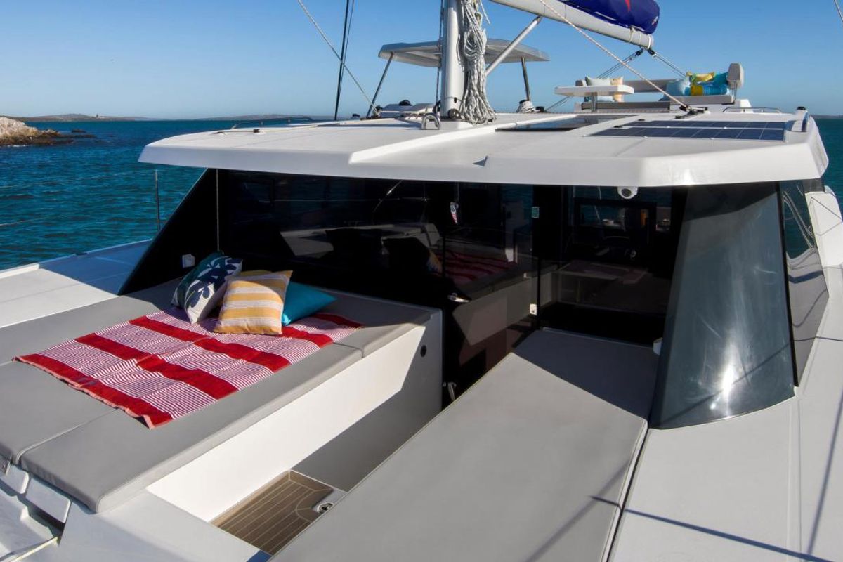 Deck of Leopard 42, a catamaran at Cannigione, Italy
