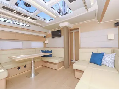 Salon of Nausicaa II, a Hanse 588 sailboat at Salerno, Italy
