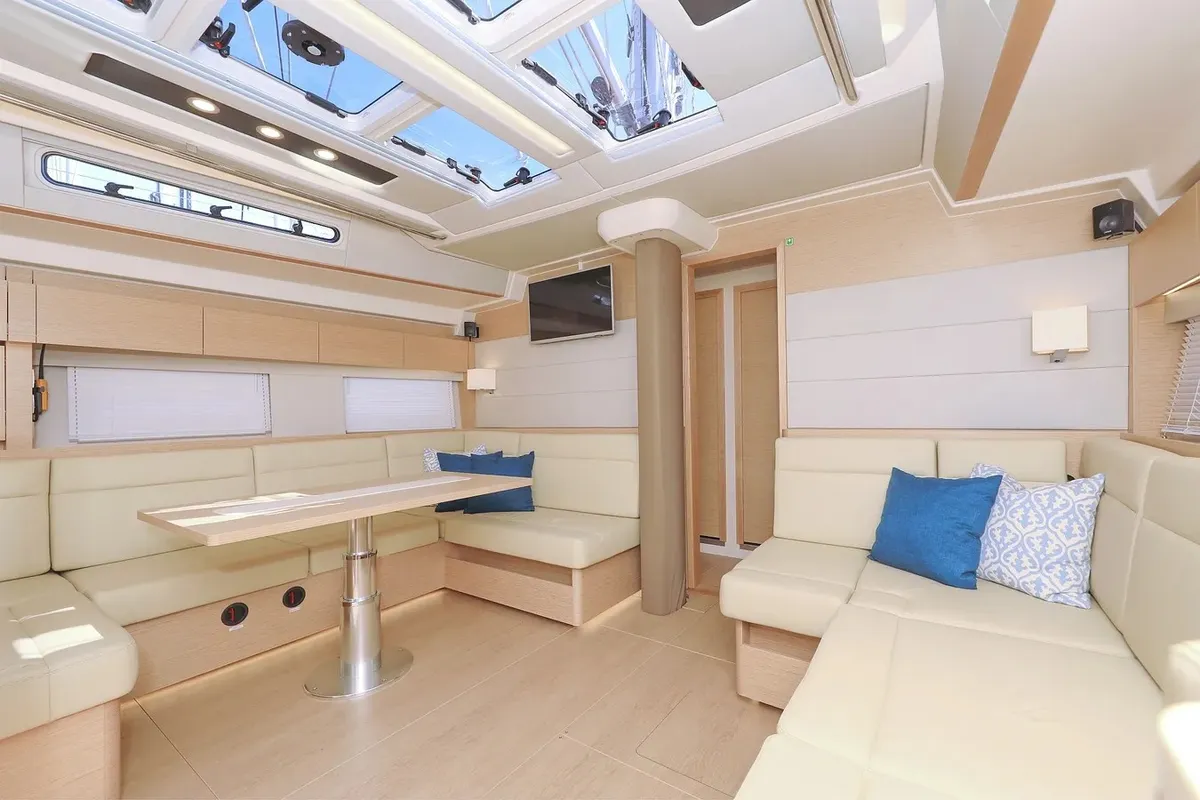 Salon of Nausicaa II, a Hanse 588 sailboat at Salerno, Italy