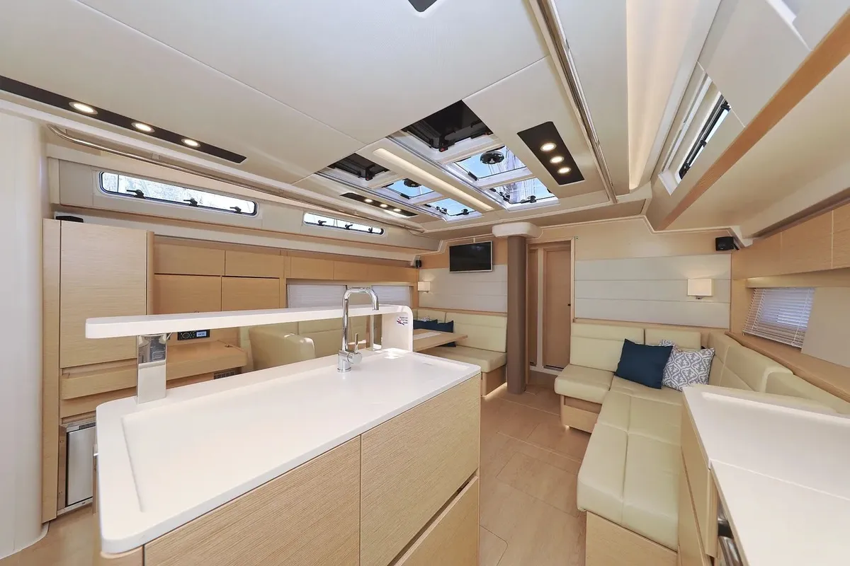 Salon of Nausicaa II, a Hanse 588 sailboat at Salerno, Italy