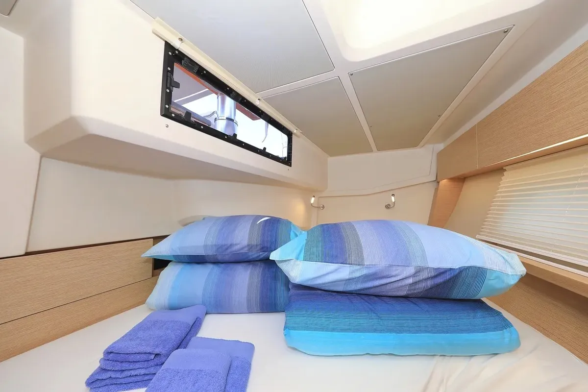 Cabin on Nausicaa II, a Hanse 588 sailboat at Salerno, Italy