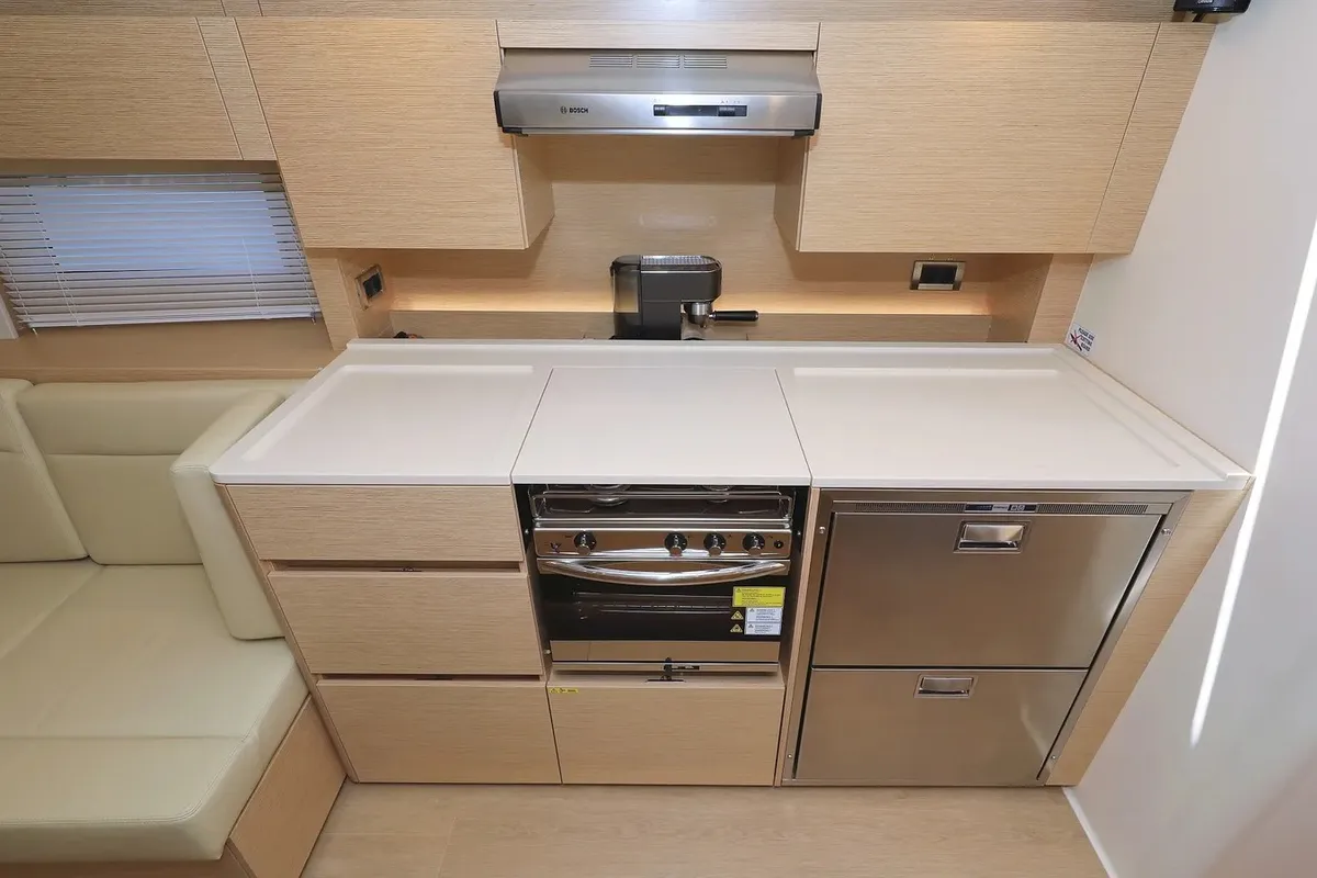Galley of Nausicaa II, a Hanse 588 sailboat at Salerno, Italy