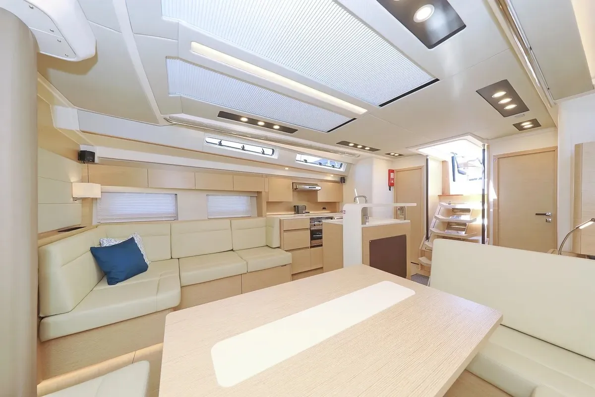 Salon of Nausicaa II, a Hanse 588 sailboat at Salerno, Italy