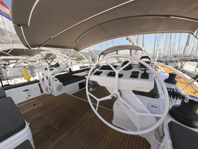 Cockpit of Nausicaa II, a Hanse 588 sailboat at Salerno, Italy