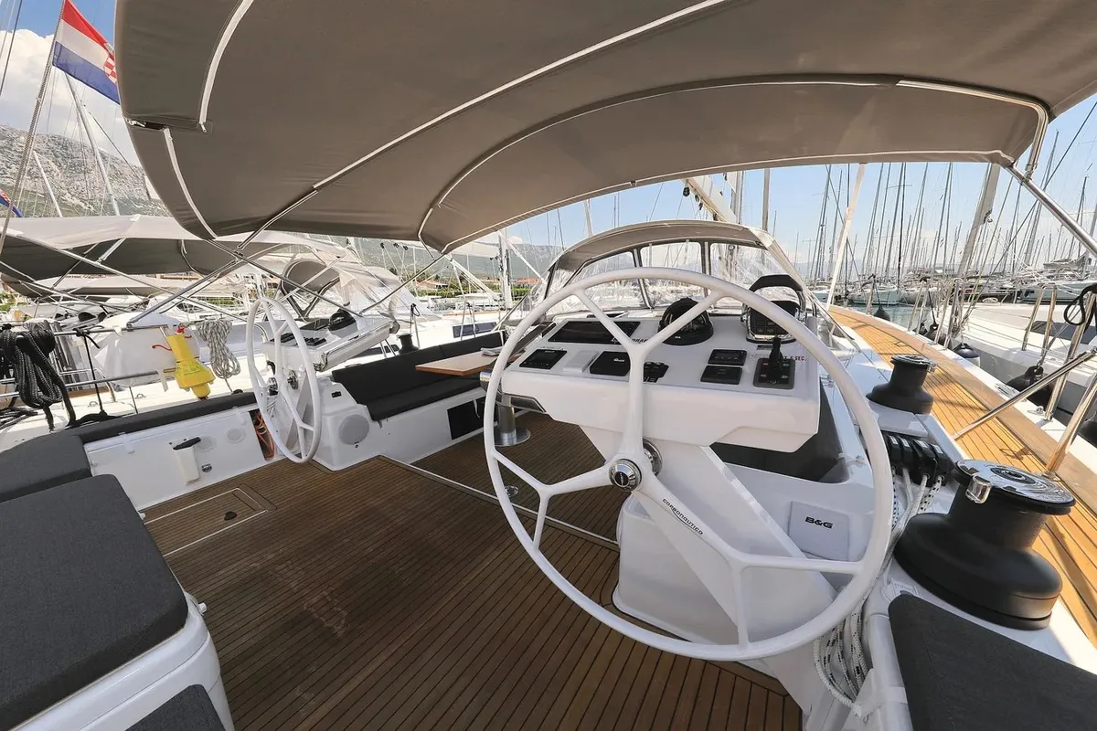 Cockpit of Nausicaa II, a Hanse 588 sailboat at Salerno, Italy