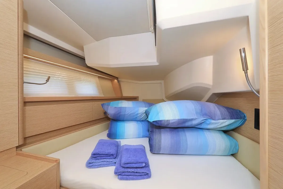 Cabin on Nausicaa II, a Hanse 588 sailboat at Salerno, Italy