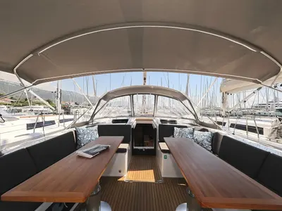 Deck of Nausicaa II, a Hanse 588 sailboat at Salerno, Italy