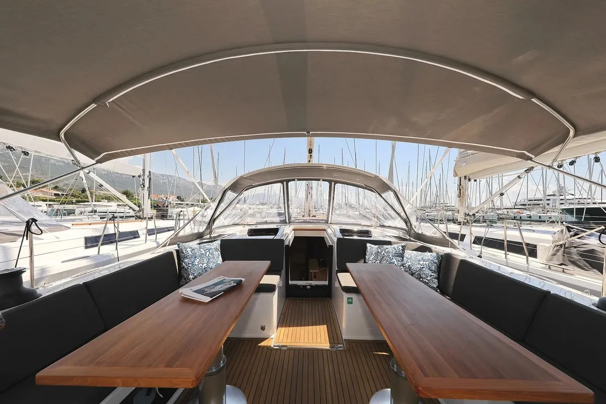 Deck of Nausicaa II, a Hanse 588 sailboat at Salerno, Italy