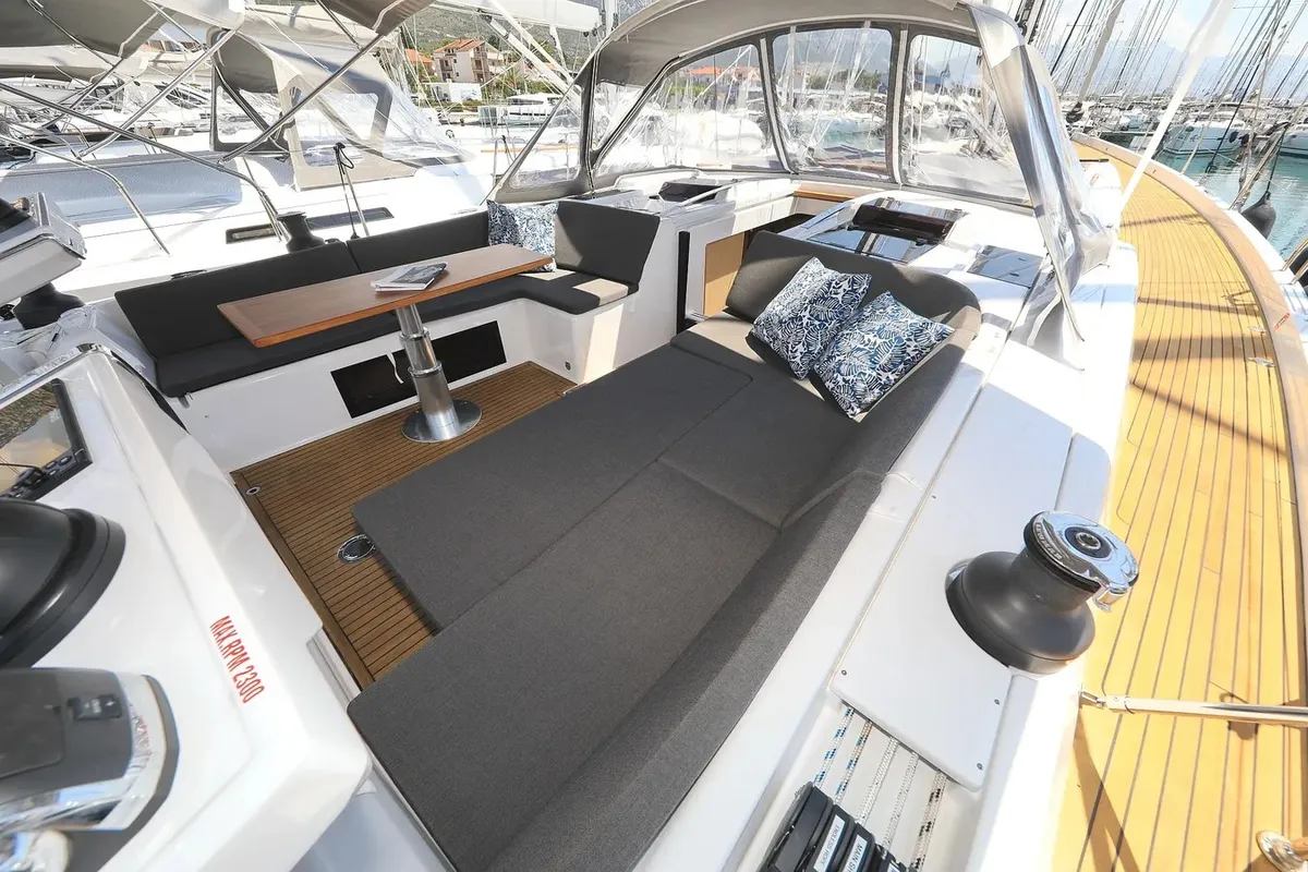 Deck of Nausicaa II, a Hanse 588 sailboat at Salerno, Italy