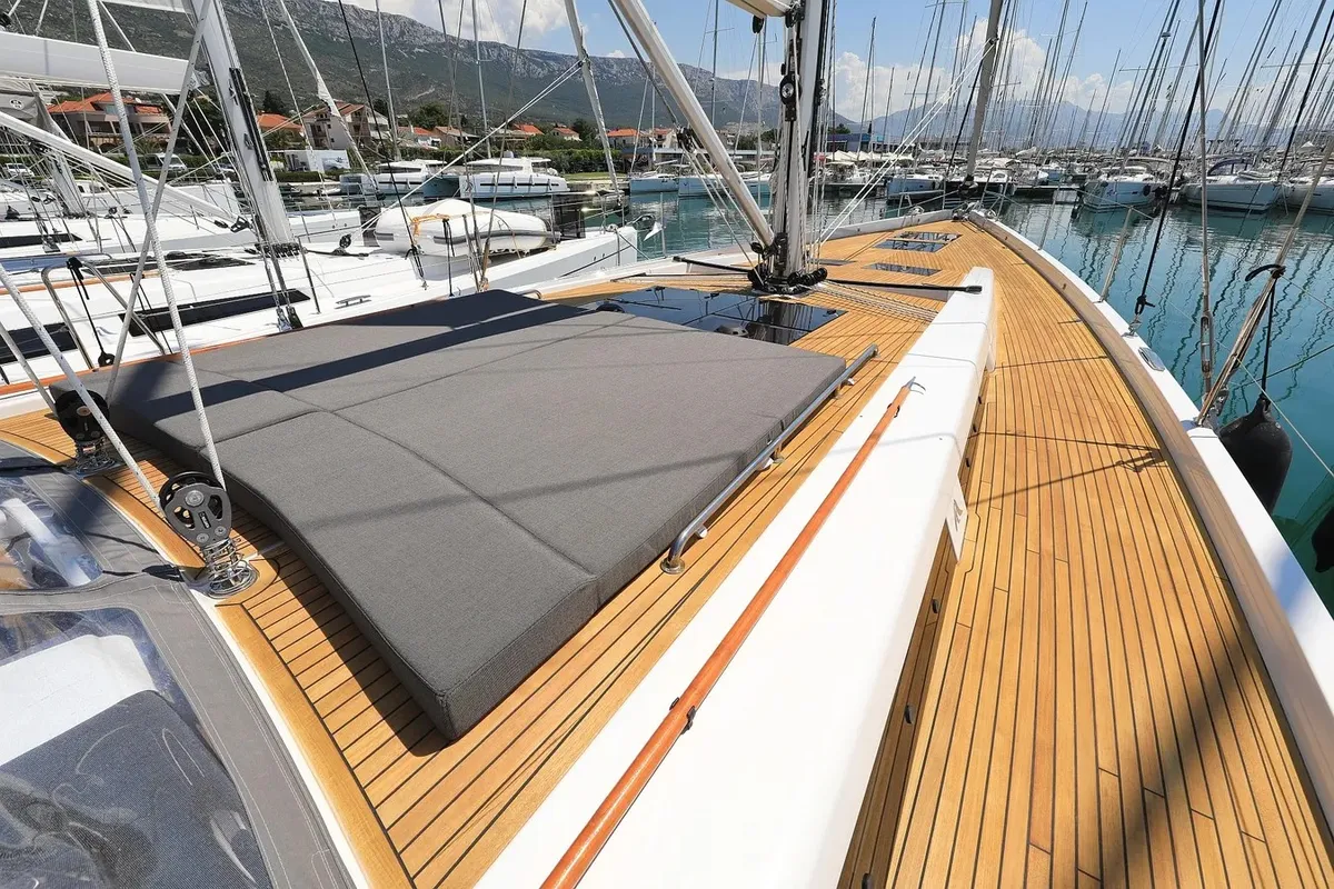 Deck of Nausicaa II, a Hanse 588 sailboat at Salerno, Italy