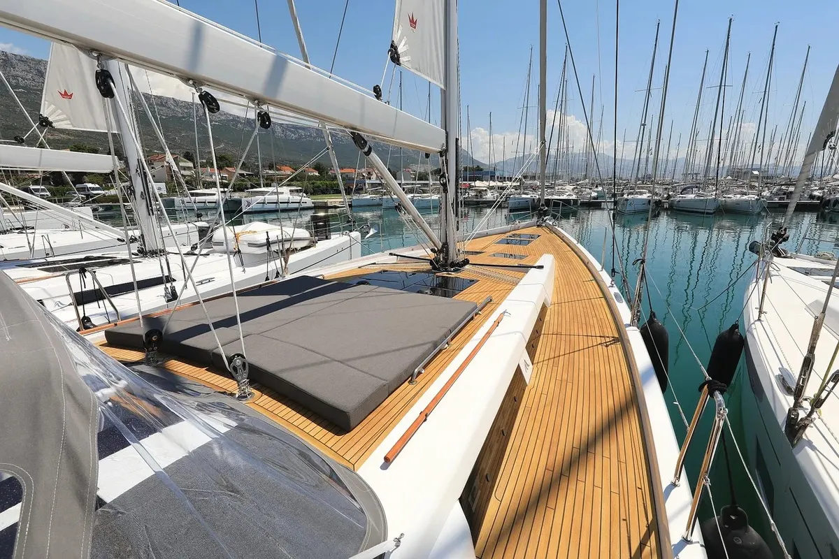 Deck of Nausicaa II, a Hanse 588 sailboat at Salerno, Italy