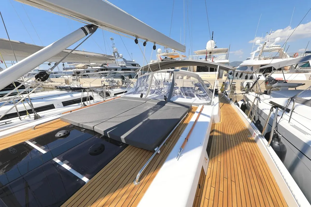 Deck of Nausicaa II, a Hanse 588 sailboat at Salerno, Italy