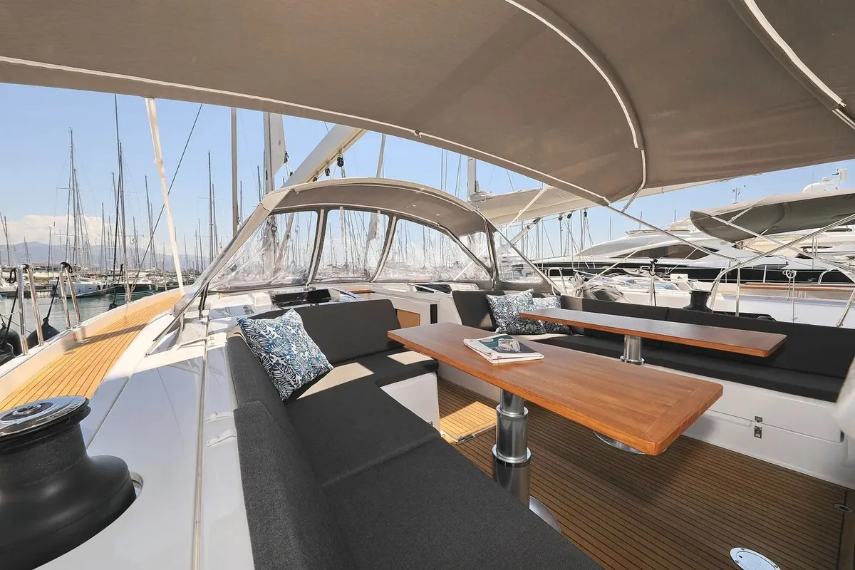 Deck of Nausicaa II, a Hanse 588 sailboat at Salerno, Italy