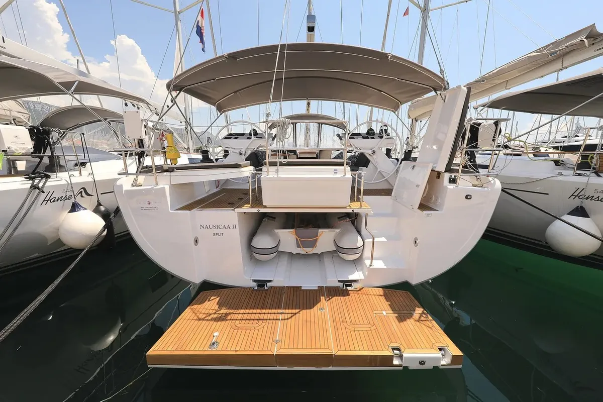 Exterior view of Nausicaa II, a Hanse 588 sailboat at Salerno, Italy
