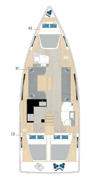 Floor plan of Hanse 410, a sailboat at Sukošan, Croatia