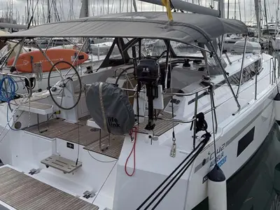 Cockpit of Aurelia, a Bavaria C42 Style sailboat at Palma de Mallorca, Spain