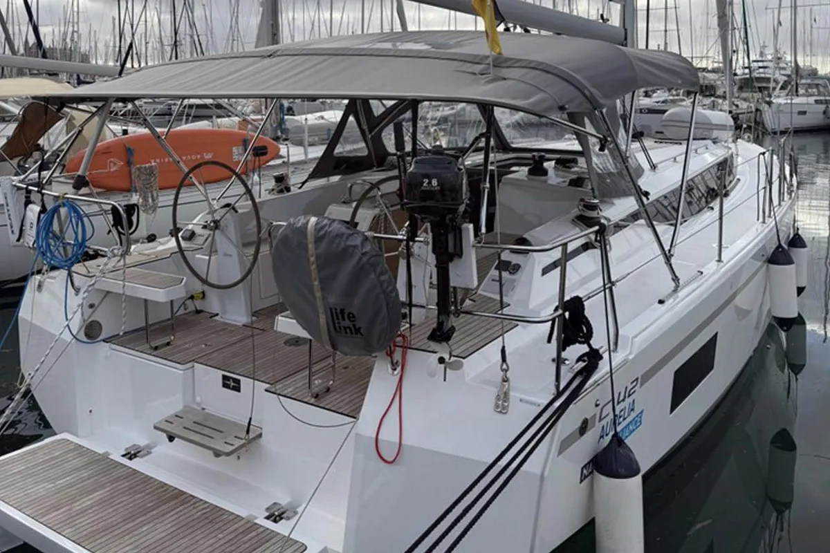 Cockpit of Aurelia, a Bavaria C42 Style sailboat at Palma de Mallorca, Spain