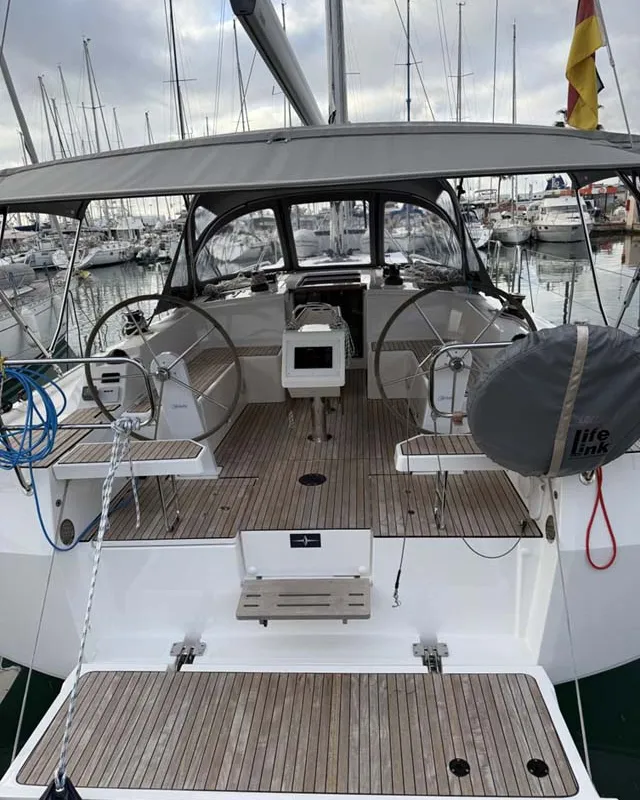 Cockpit of Aurelia, a Bavaria C42 Style sailboat at Palma de Mallorca, Spain