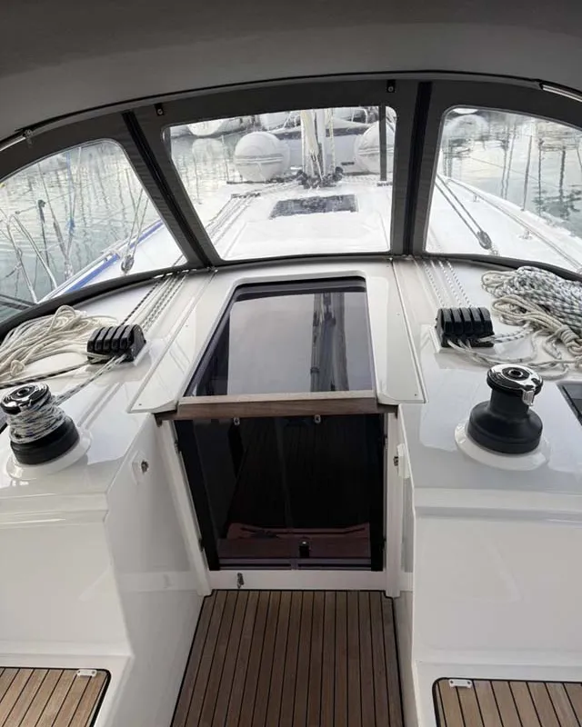 Deck of Aurelia, a Bavaria C42 Style sailboat at Palma de Mallorca, Spain