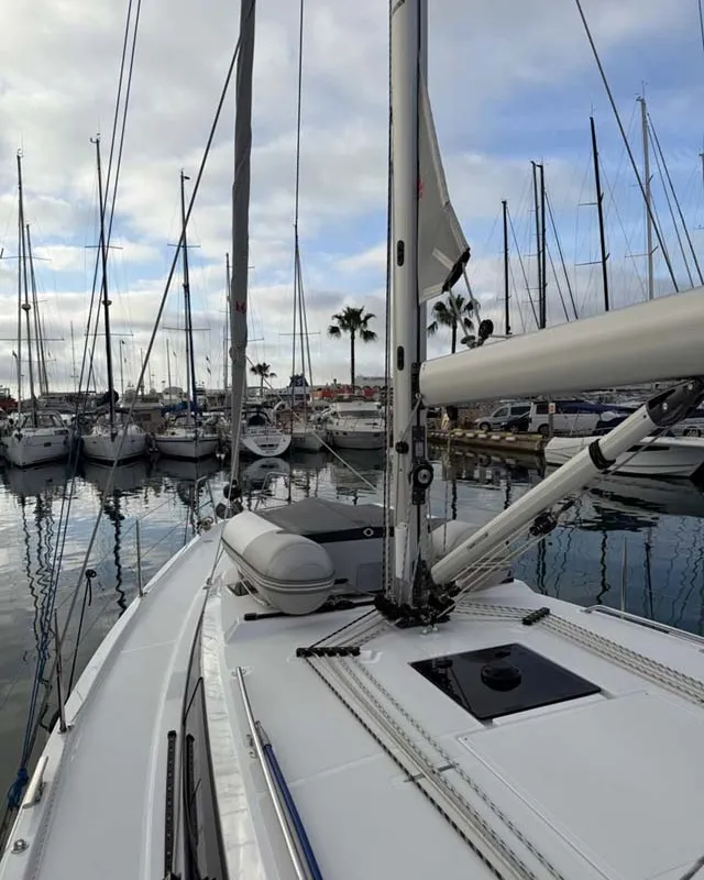 Deck of Aurelia, a Bavaria C42 Style sailboat at Palma de Mallorca, Spain