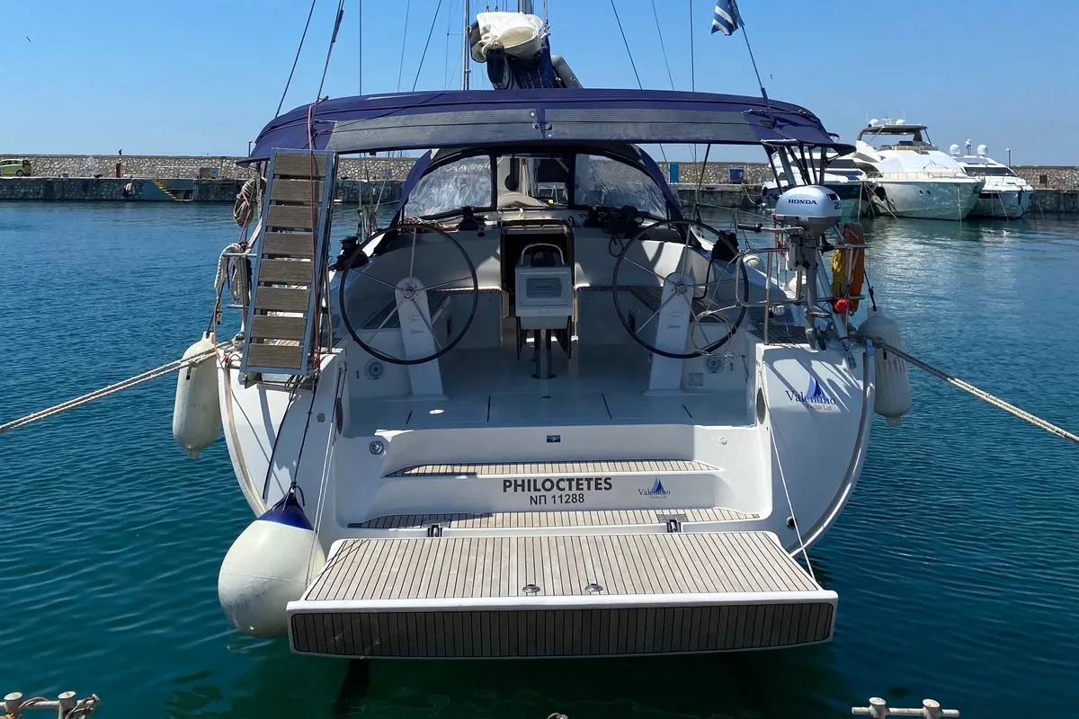 Exterior view of Philoctetes, a Bavaria Cruiser 51 sailboat at Athens, Greece