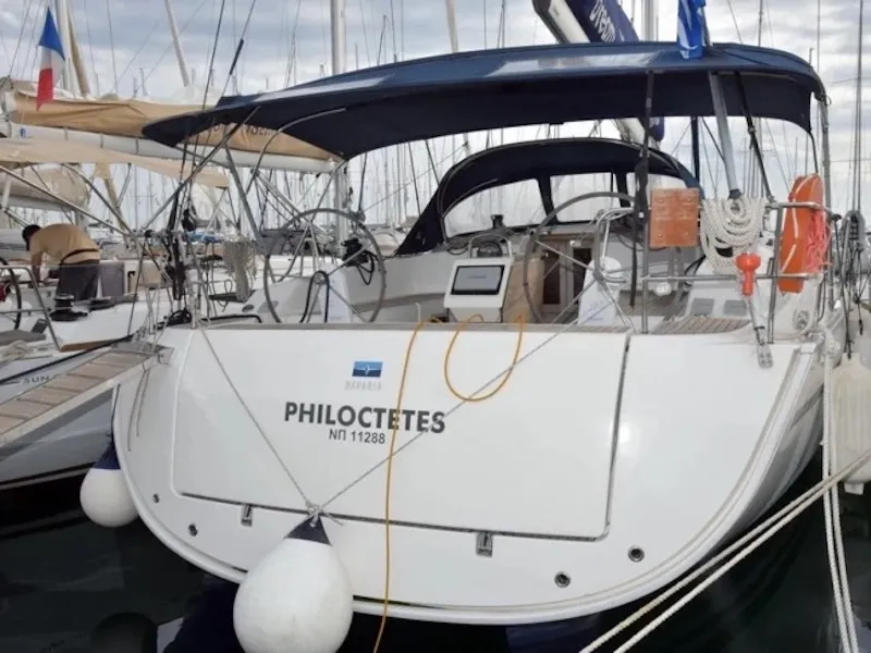 Exterior view of Philoctetes, a Bavaria Cruiser 51 sailboat at Athens, Greece