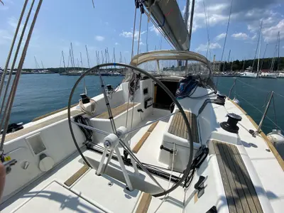 Cockpit of NIKE, a Beneteau First 35 sailboat at Grad Pula, Croatia