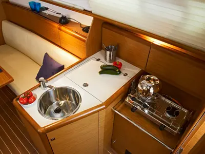 Galley of Beagle, a Jeanneau Sun Odyssey 30i sailboat at Yerseke, Netherlands