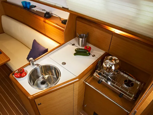 Galley of Beagle, a Jeanneau Sun Odyssey 30i sailboat at Yerseke, Netherlands