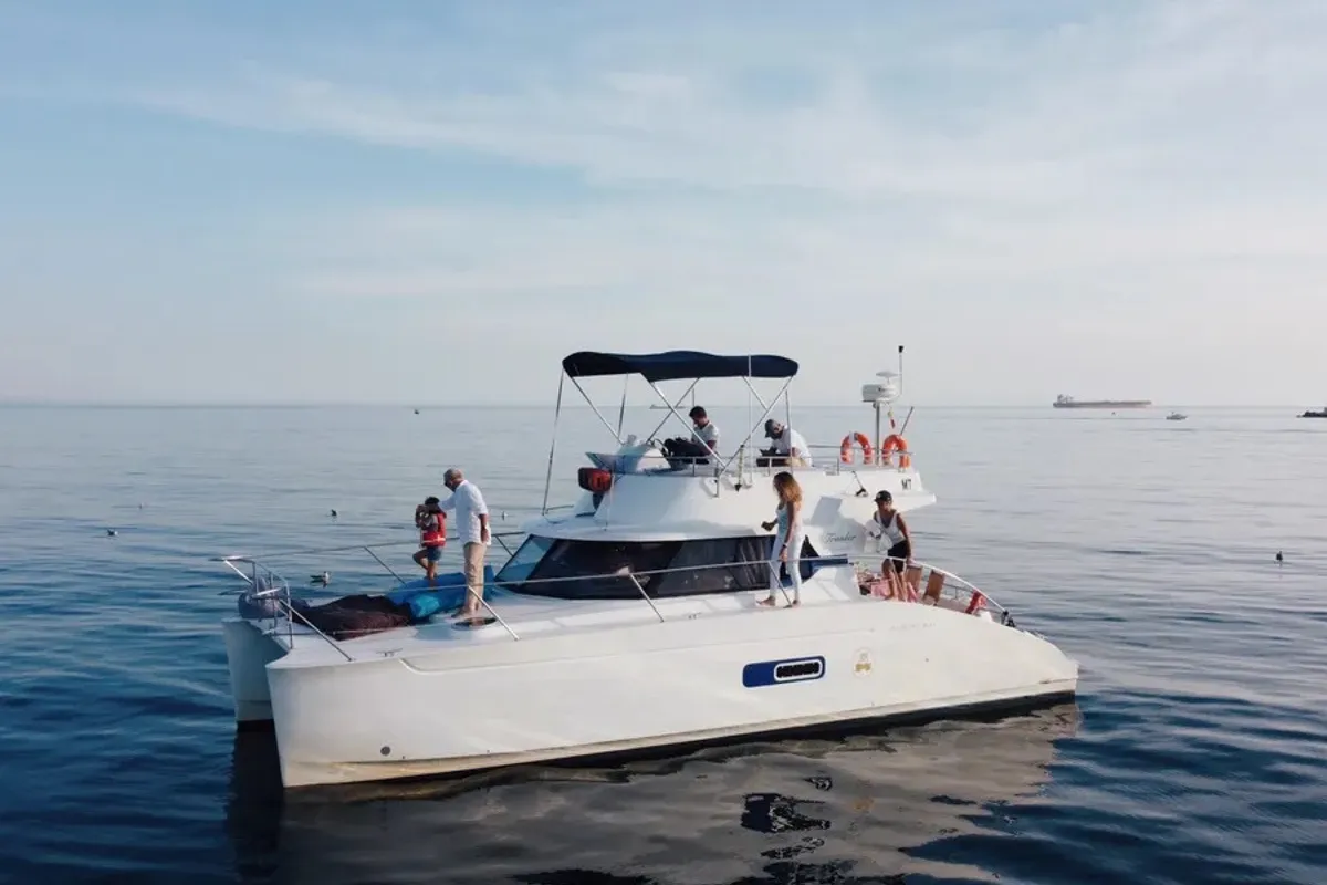 Deck of Comfort, a Fountaine Pajot Highland 35 catamaran at Lisbon, Portugal