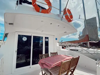 Deck of Comfort, a Fountaine Pajot Highland 35 catamaran at Lisbon, Portugal