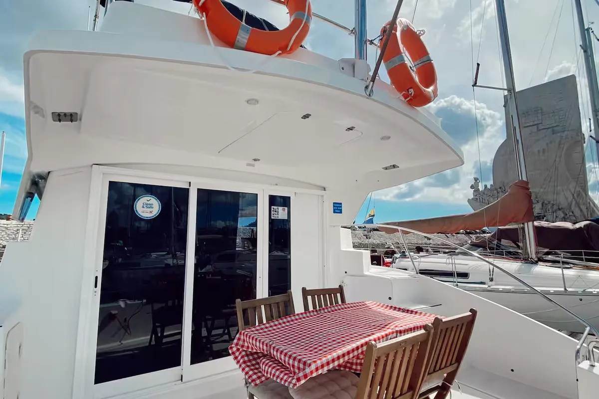 Deck of Comfort, a Fountaine Pajot Highland 35 catamaran at Lisbon, Portugal