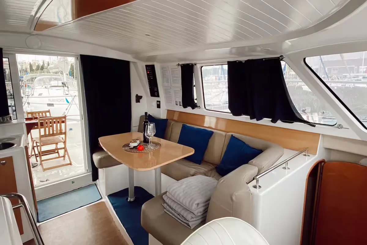 Cockpit of Comfort, a Fountaine Pajot Highland 35 catamaran at Lisbon, Portugal