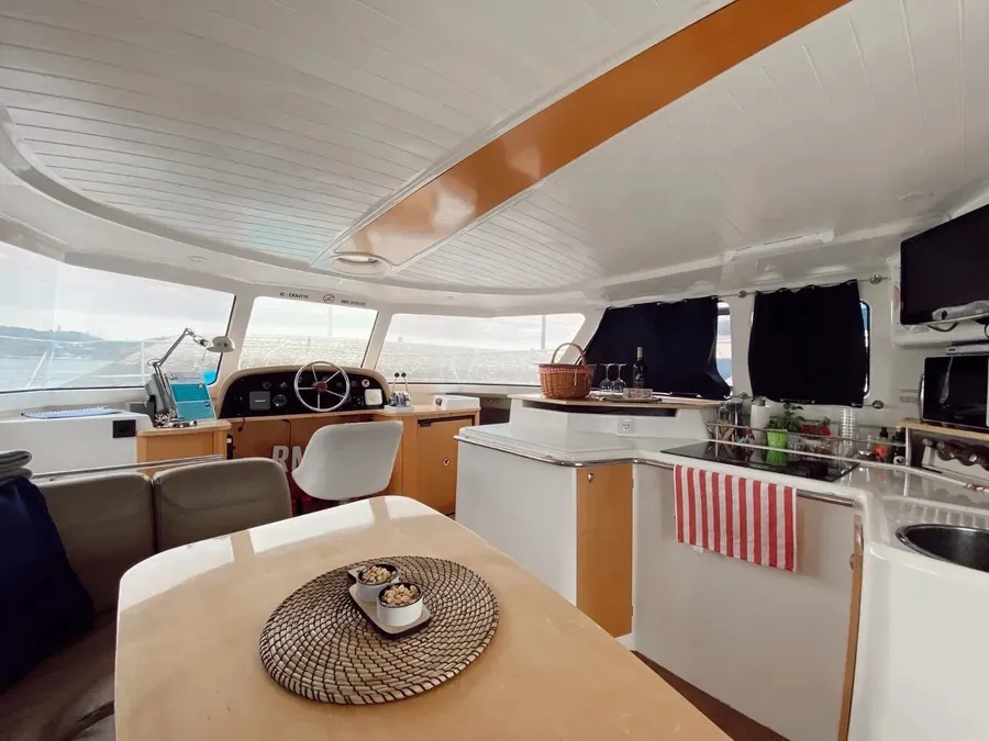 Deck of Comfort, a Fountaine Pajot Highland 35 catamaran at Lisbon, Portugal