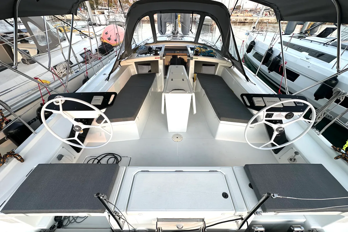 Cockpit of Celini, a Dufour 41 sailboat at Kos, Greece